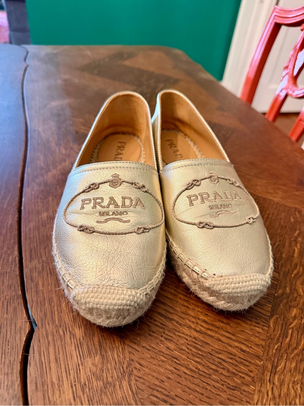 Prada Gold Leather Espadrille Slip-Ons - Women